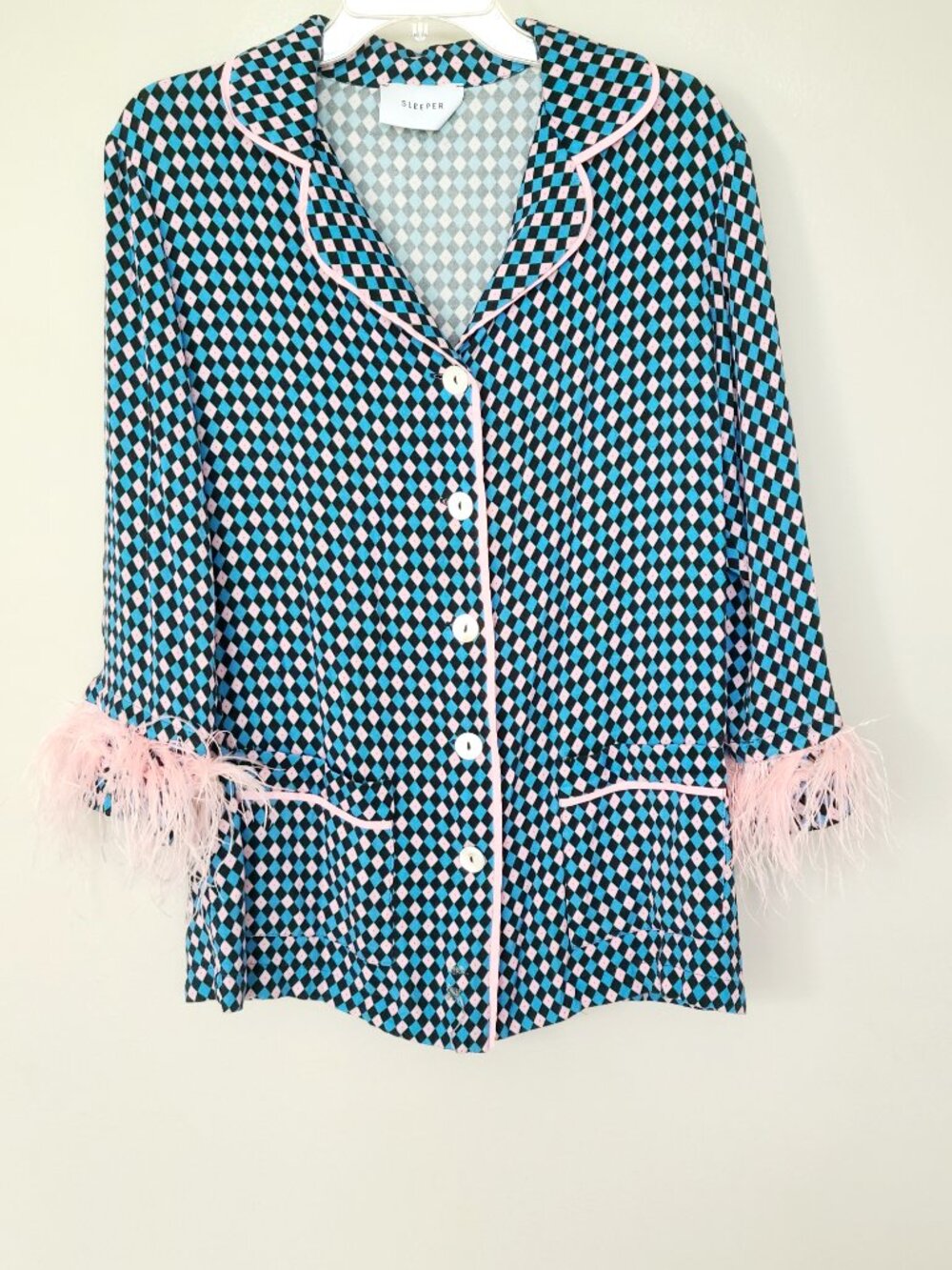 Sleeper Party Feather-Trim Pink Blue Argyle Pajama Shirt Medium Luxe Top Only - Picture 2 of 8